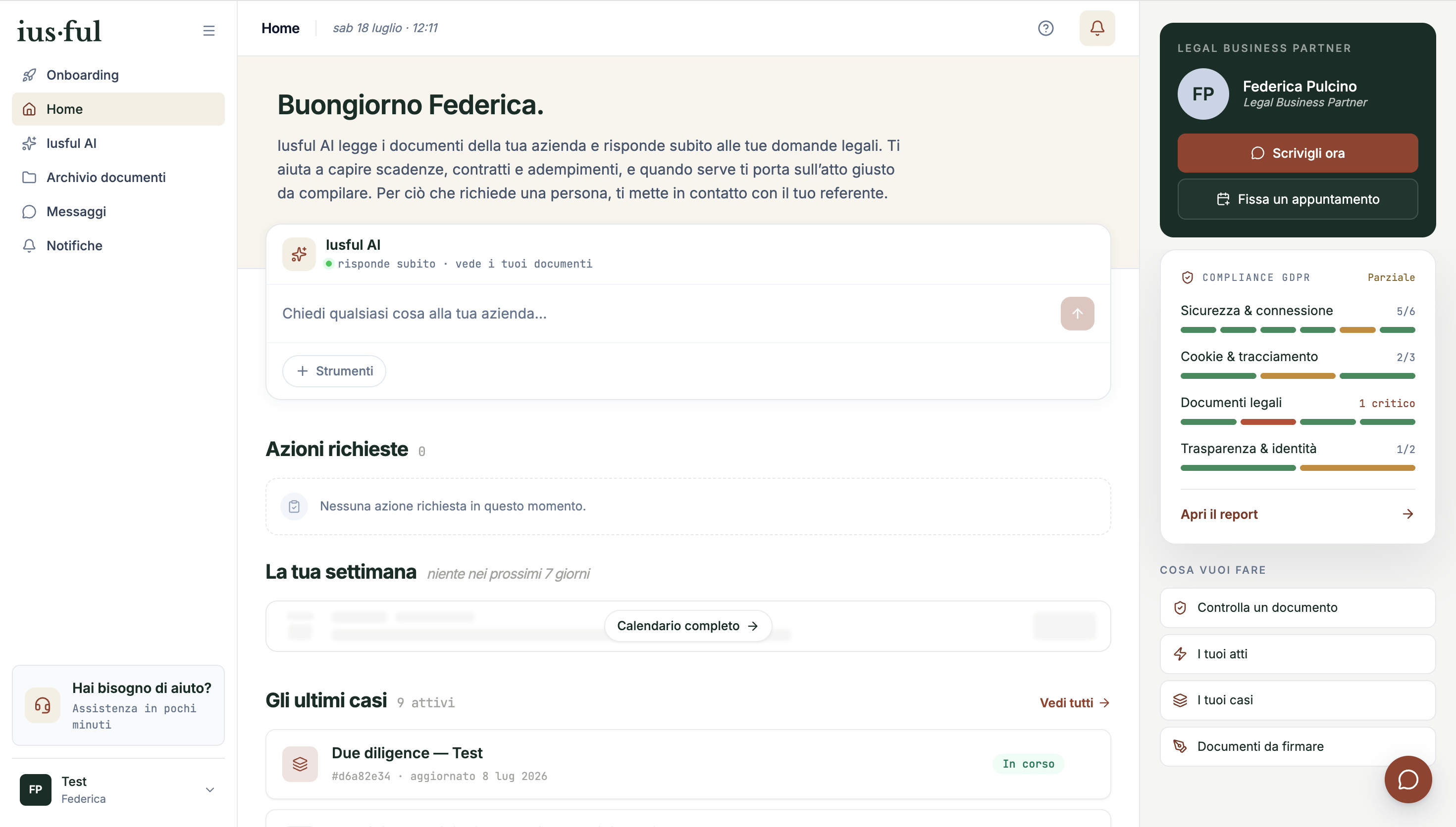 La piattaforma Iusful: home con AI, azioni richieste e compliance
